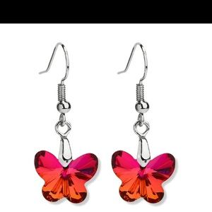 Red orange crystal butterfly 925 sterling silver earrings